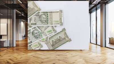 Indian currency 500 rupee bank note on white background, Five hundred Indian rupee bank paper currency note, Group of money stack of 500 Indian Rupee banknote. Wall mural