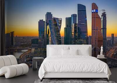 Moscow city skyline and skyscraper building construction architecture aerial view, Moscow International Business and Financial Center at sunset with Moscow river, Russia. Wall mural