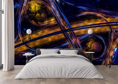 Road interchange in the city at night with vehicle car light movement, Aerial view. Wall mural