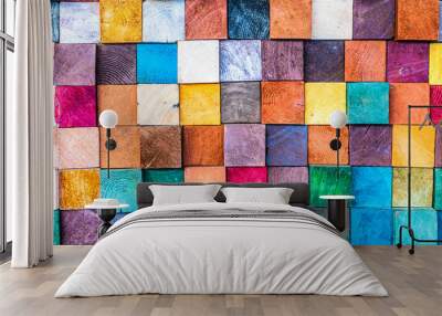 wood aged art architecture texture abstract block stack on the wall for background, abstract colorfu Wall mural