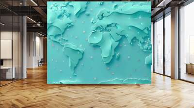 seamless pattern flat illustration style, world map modern conceptual 3d curved turquoise shape on turquoise background with lighting effect and sparkle with copy space for text. Wall mural