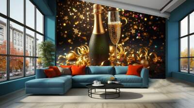 A celebration bottle of champagne with gold sparkling glitter confetti Wall mural