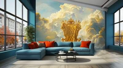 A gold throne in the middle of white clouds. A throne in the sky Wall mural