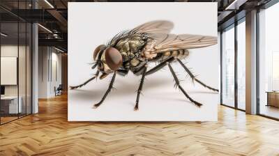 Detailed macro shot of a housefly with visible wings and compound eyes, resting on a white background, highlighting its intricate features and textures. Wall mural