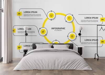 Infographic Template with Yellow Color Circle Label 5 Option and Icon Wall mural