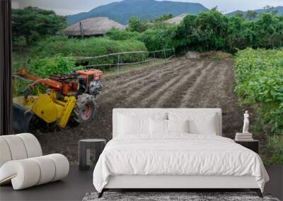 Two-wheel tractor or walking tractor on the vegetable paddy field in the Naganeupseong folk village in Suncheoun, Jeollanam-do, South Korea. Wall mural