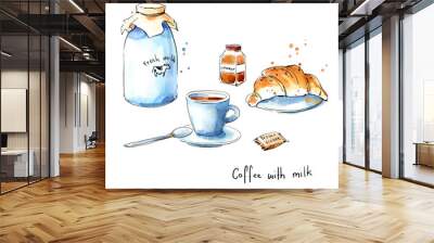 Coffee serving. Coffee and croissant watercolor sketch Wall mural