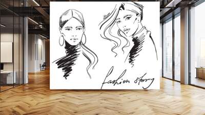 fashion illustration. portrait of  women wearing turtleneck Wall mural