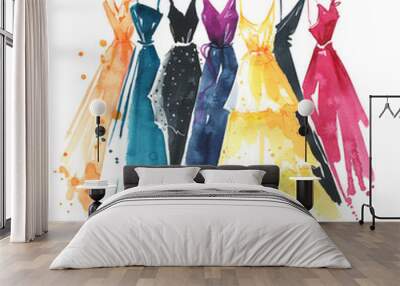 Set of watercolor dresses on hangers, fashion illustration Wall mural