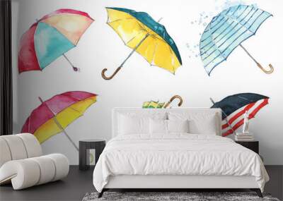 Set of watercolor hand painted colorful umbrellas Wall mural