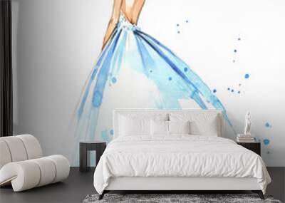 Young woman wearing long evening dress, bride. Watercolor illustration Wall mural