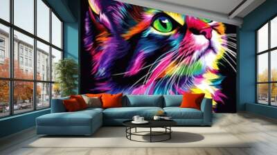 Bold and Colorful Cat Head on Dark Background Wall mural