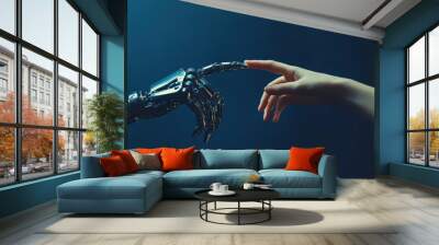 Human hand touching AI robot finger on blurry blue background Wall mural