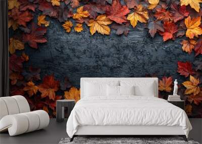 Oversized Autumn Leaves on Dark Wood. Wall mural