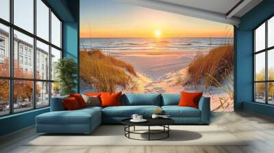 Seaside Sunset: Sand, Grass, and Ocean Waves Wall mural