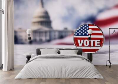 Voting pin with American flag and fuzzy background of the U.S. Capitol Wall mural