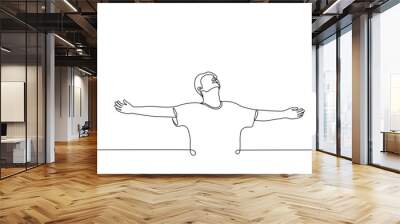 man spread his arms to the sides like bird or airplane face pointing up - one line drawing vector. concept dream, freedom, liberation, breathe deeply, triumph, victory, enlightenment Wall mural