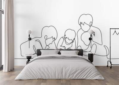 men playing on the floor with children - one line art vector. male nanny concept, gay family Wall mural