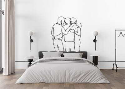 three friends hugging - one line drawing vector. concept of male friendship, support and help to the weak Wall mural