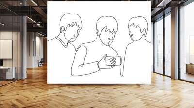 three guys stand and look at the phone that the guy is holding in the middle. one line drawing three friends are passionate about a smartphone, they are watching and listening Wall mural