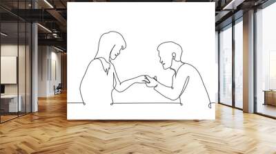 woman showing ring to man or engagement - one line art vector. concept heterosexual couple in love, a man admires his friend's engagement ring Wall mural