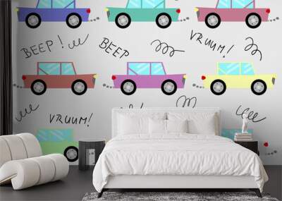 cartoon cars of different colors in three rows Wall mural