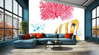 Watercolor colorful set fish and coral. Hand drawn. Blue tang fish, Copperband Butterflyfish Wall mural