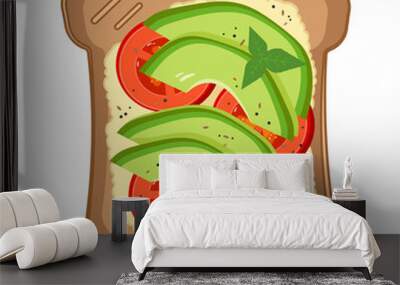 Vector flat illustrations of toast with avocado and tomatoes, pepper, seeds and greens on brown bread. Isolated on white background. Healthy breakfast. Vegetarian food. Wall mural