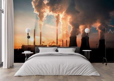 coal fired power station silhouette at sunset, Pocerady, Czech republic Wall mural