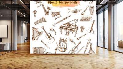 music instruments, hand drawn illustration in doodle style. vintage piaono, violin, guitar and saxop Wall mural