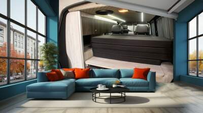 Comfortable interior of a passenger bus with soft seats. The design is made to order. Private covering of cars. Various elements of the bus interior. Wall mural