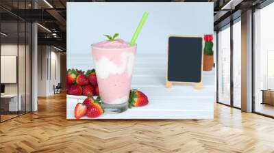 Strawberry yogurt fruit juice smoothie pink colorful fruit juice milkshake blend beverage healthy high protein the taste yummy In glass drink episode morning on white wood background. Wall mural