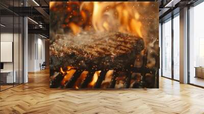 A juicy, sizzling steak on a flaming grill, featuring vibrant flames and mouthwatering textures perfect for food, barbecue, and summer themes. Wall mural