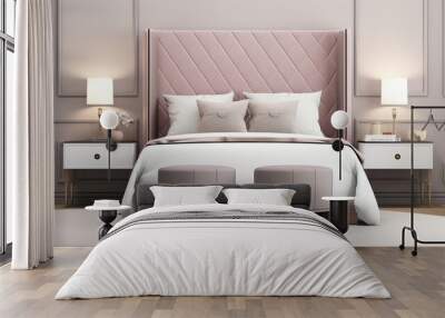 A sophisticated bedroom rendered in Art Deco elegance, featuring a dusky pink tufted headboard, sleek mirrored nightstands, and subtle metallic accents in platinum Wall mural