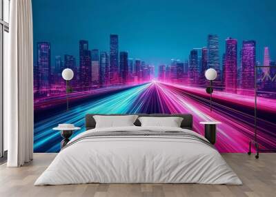 A vibrant cityscape illuminated by colorful neon lights and dynamic light trails, showcasing modern urban life and technology. Wall mural