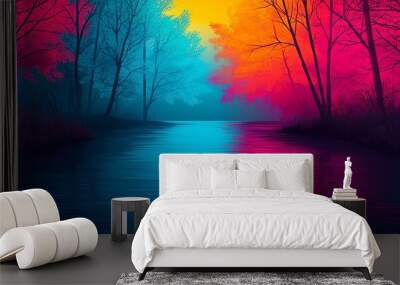 A vibrant landscape showcasing a serene river surrounded by colorful trees under a striking, vivid sunset. Wall mural