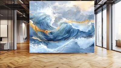 Abstract ocean waves painting with blue tones and golden accents, creating a dynamic and serene seascape art piece perfect for modern decor. Wall mural