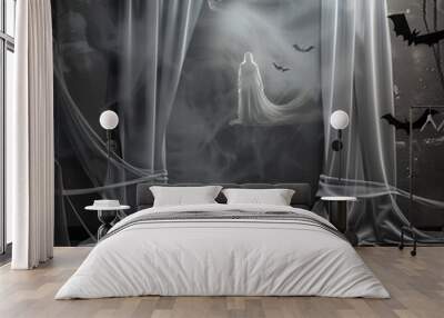 An eerie, silent movie inspired Halloween scene with a black 3D podium on a grayscale film strip background, complete with vintage film scratches and a ghostly apparition Wall mural