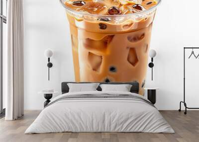 Close-up of a refreshing cup of iced bubble milk tea with tapioca pearls on white background. Perfect for a summer cooling beverage. Wall mural