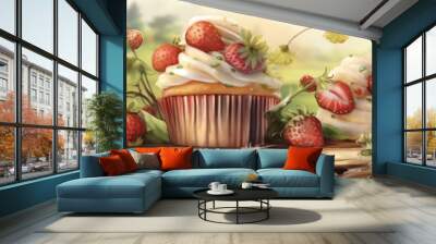 Delicious cupcakes topped with creamy frosting and fresh strawberries, perfect for dessert lovers and special occasions. Wall mural