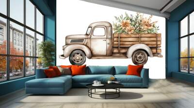 Vintage pickup truck with wooden bed filled with blooming flowers. Watercolor illustration emphasizing rustic and botanical elements. Wall mural