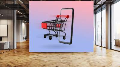 Online digital marketing.  concept. Mobile phone or smartphone with shopping cart, Shopping Online on Website or Mobile Application Concept. Horizontal view. Wall mural