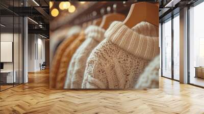 A chic clothing store display with warm, neutral-colored sweaters on hangers, showcased in a premium department store environment Wall mural