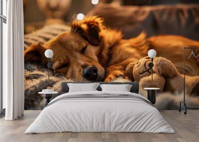 a dog sleeps soundly on a soft bed, clutching a favorite stuffed toy. the toy adds a touch of playfu Wall mural