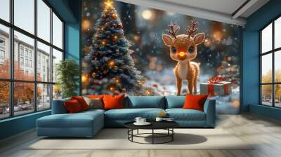 A festive  featuring a decorated Christmas tree, a reindeer with a glowing nose, and a colorful gift box, all set in a snowy winter wonderland  Wall mural