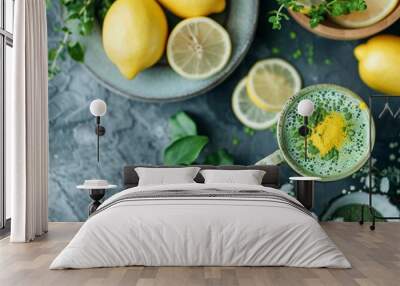 A green tea latte with a sprinkle of spirulina powder sits on a table beside a bowl of fresh lemons, highlighting its potential detoxifying properties Wall mural