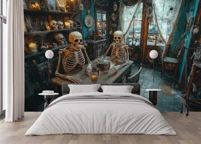 A haunted room filled with lifelike skeletons sitting at an old table, skulls placed on dusty shelves, spiders weaving their webs in the corners, and Halloween decorations  Wall mural