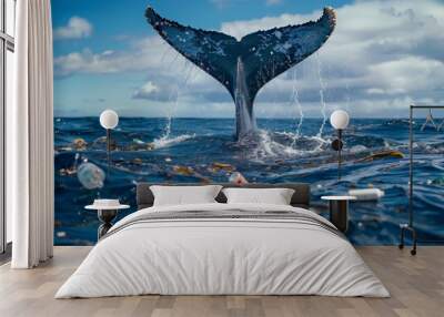 A majestic whale tail breaching the ocean surface, surrounded by floating plastic waste, urging action to protect marine life. Wall mural