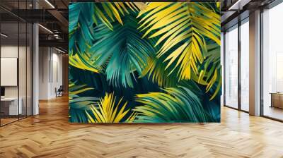 A seamless pattern featuring overlapping palm leaves in different shades of green and yellow, mimicking a swaying palm tree canopy. Wall mural