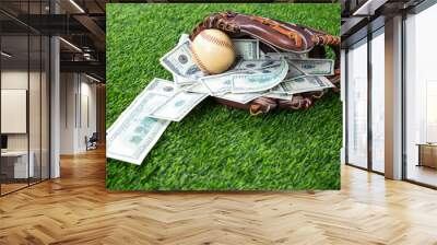 Close up of  baseball in a Glove with dollar bills in concept of getting money with bets in baseball Wall mural